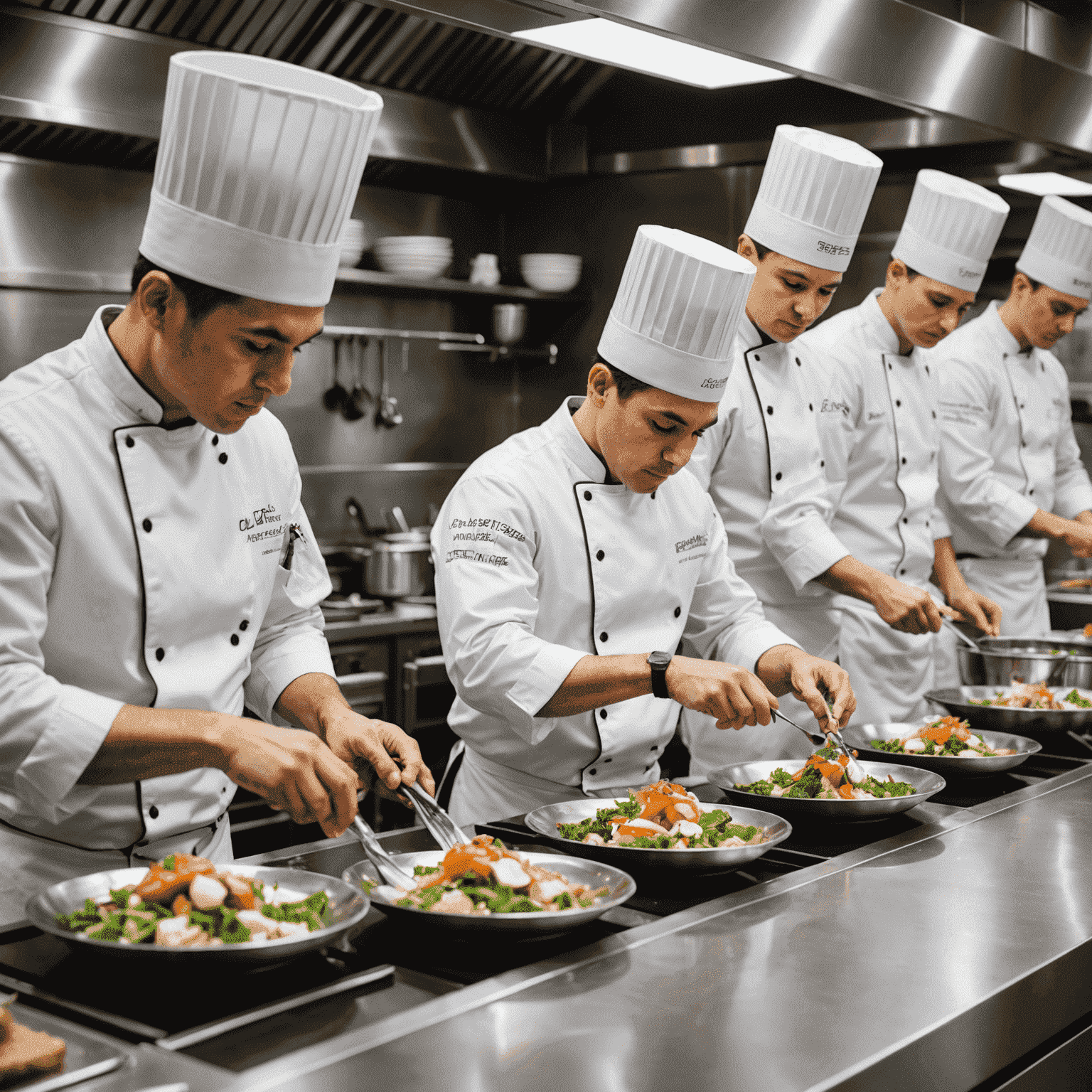 The Plinkoverse kitchen team in action, preparing exquisite dishes with precision and passion. The image showcases a modern, state-of-the-art kitchen with chefs in crisp white uniforms working on beautifully plated gourmet creations.