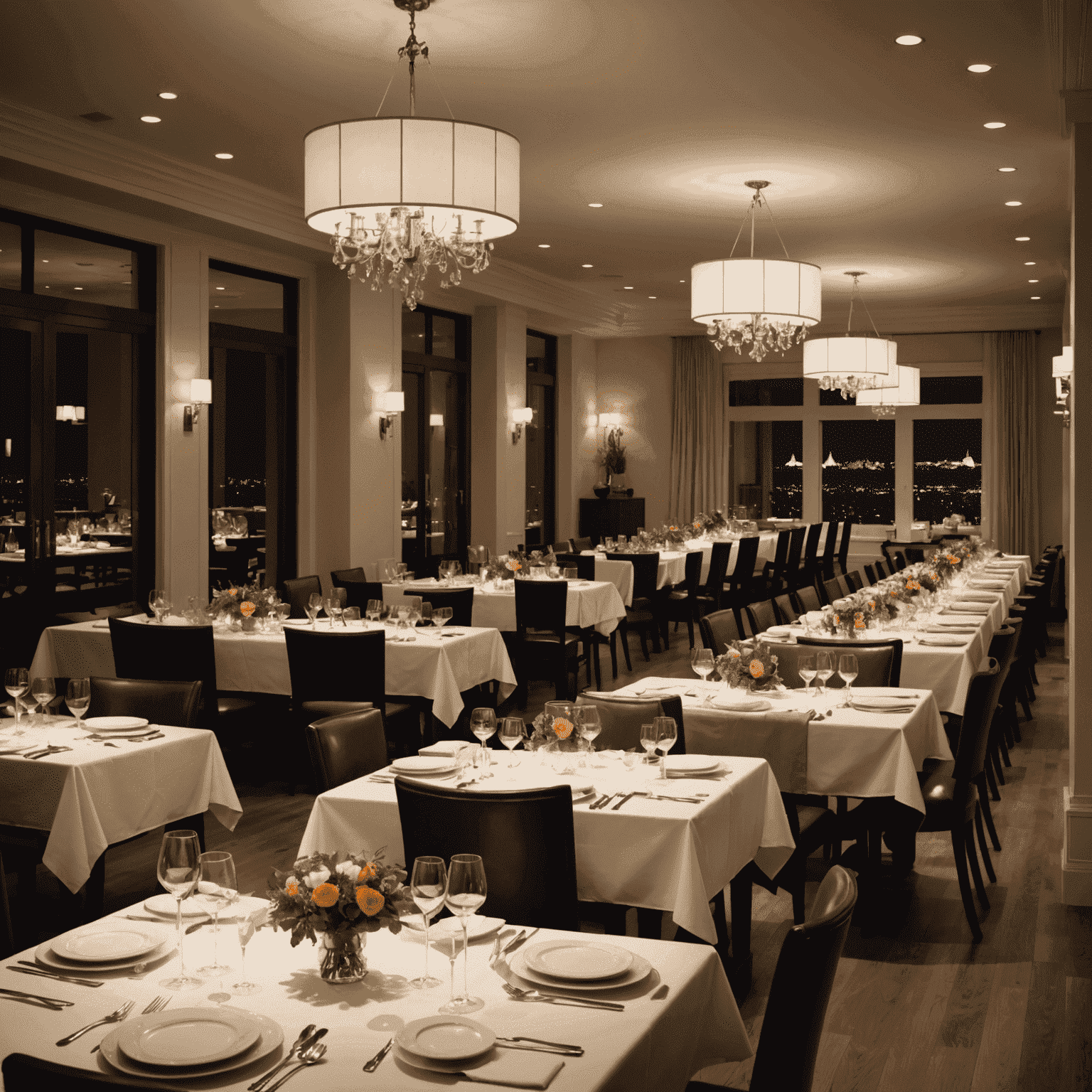 An elegant dining room with soft lighting, white tablecloths, and a view of an open kitchen where chefs are preparing gourmet dishes