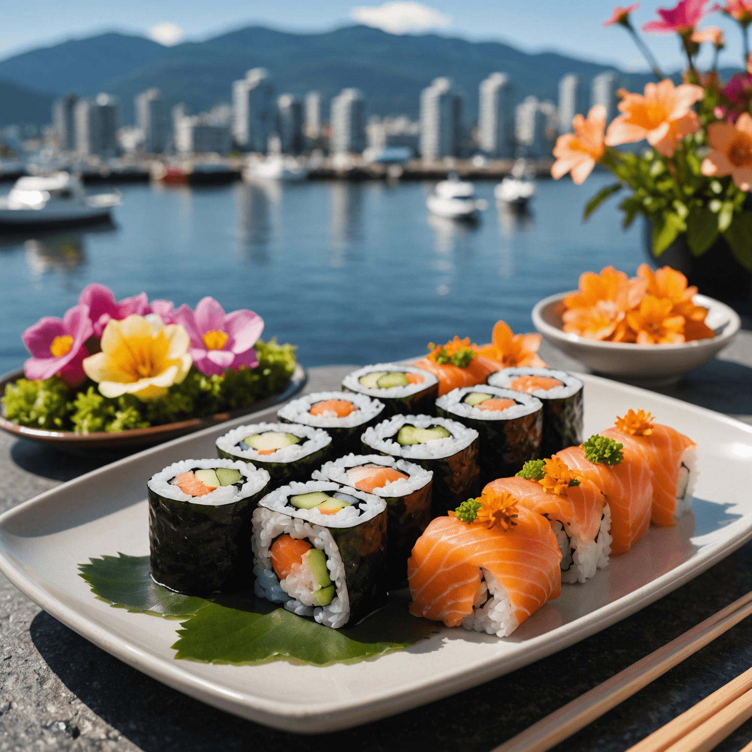 A plate of fresh Pacific salmon sushi rolls, garnished with local seaweed and edible flowers, set against the backdrop of Vancouver's harbor