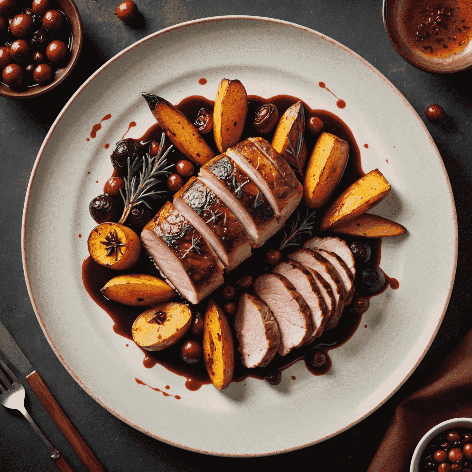 A beautifully plated seasonal dish featuring vibrant autumn colors, with roasted root vegetables, seared duck breast, and a drizzle of cranberry reduction