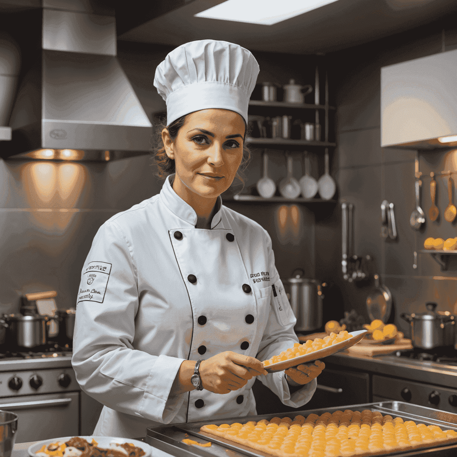 Head Chef Maria Rossi in the Plinkoverse kitchen, wearing a crisp white chef's coat and preparing an exquisite plinko-inspired dish