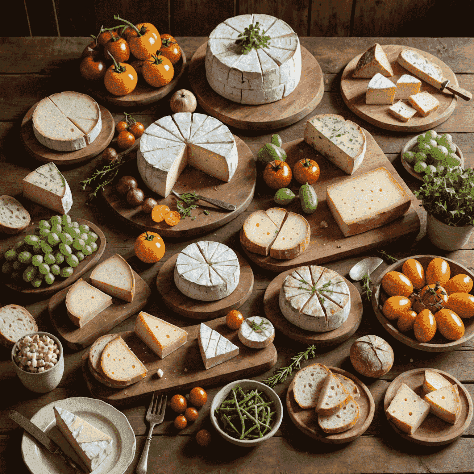 A rustic wooden table laden with artisanal cheeses, freshly baked bread, and a colorful array of locally grown vegetables, set in a picturesque prairie farmhouse