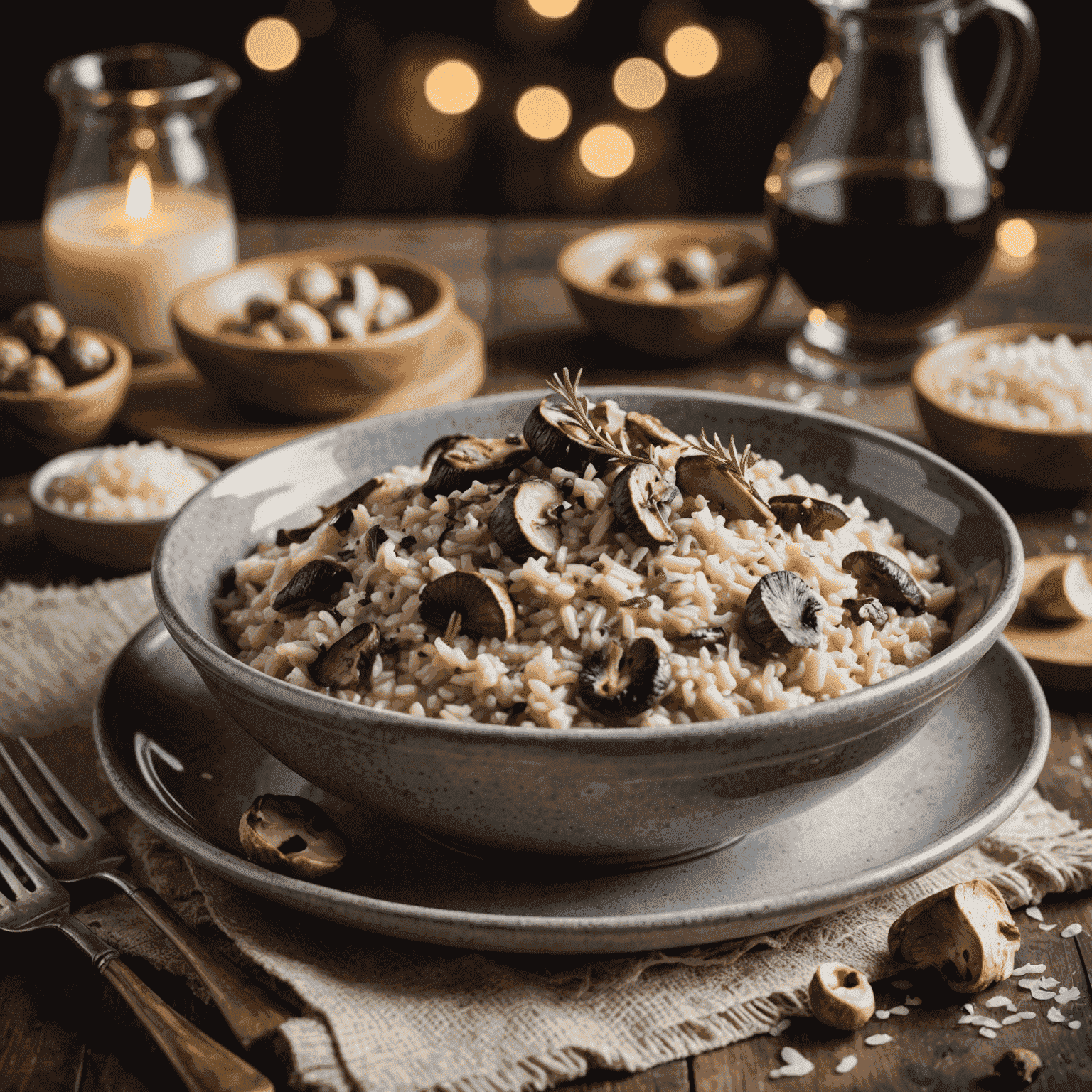 A steaming bowl of truffle-infused wild mushroom risotto, garnished with Parmesan shavings and a drizzle of white truffle oil, set against a cozy winter backdrop