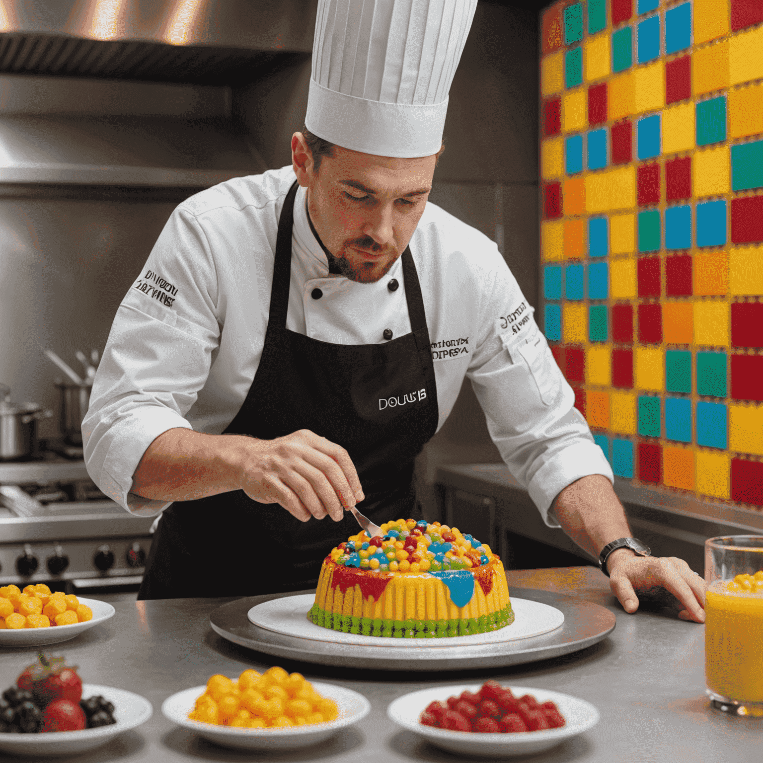 Sous Chef Jean-Luc Dubois expertly plating a colorful plinko-inspired dessert in the Plinkoverse kitchen