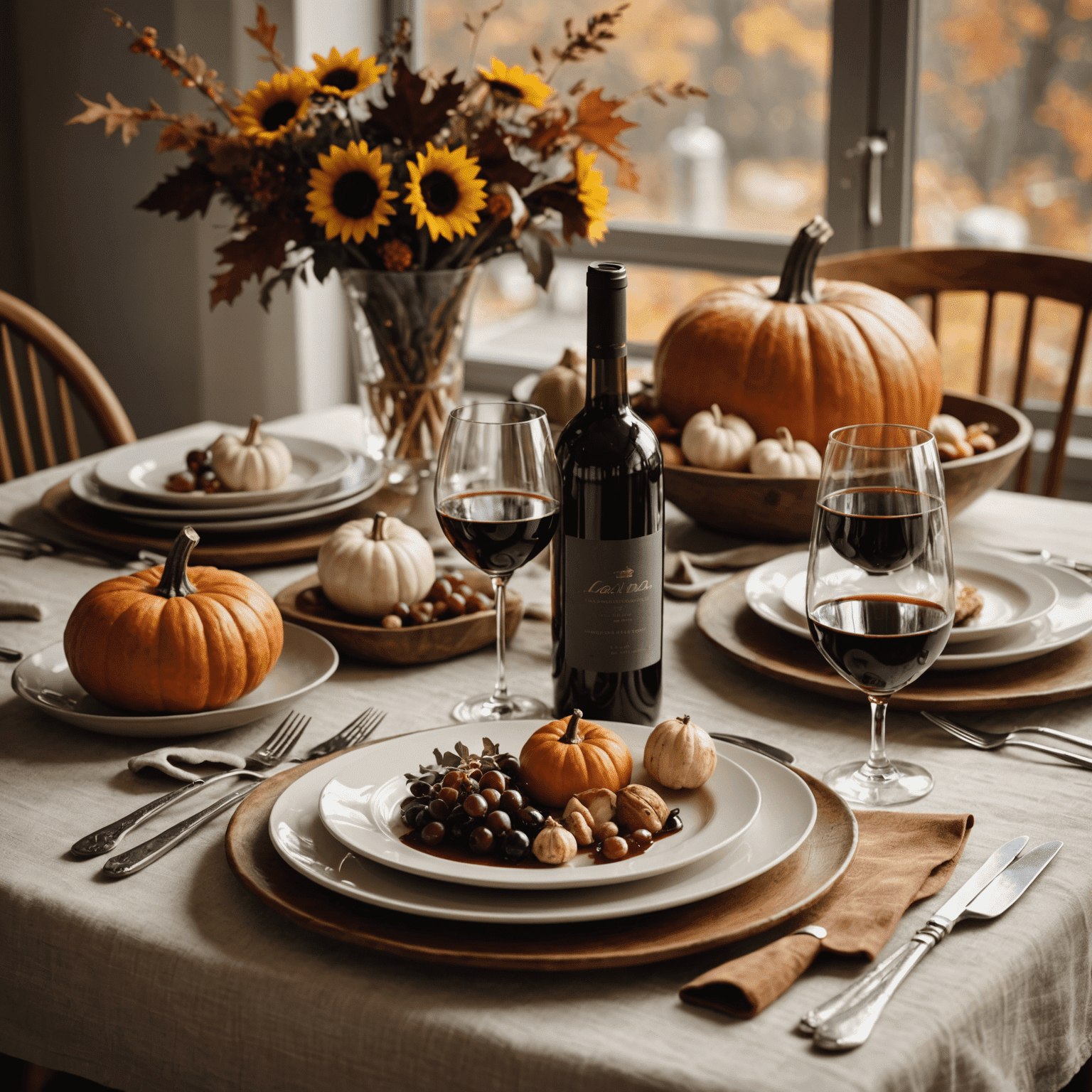 A cozy autumn table setting with a glass of red wine and seasonal dishes