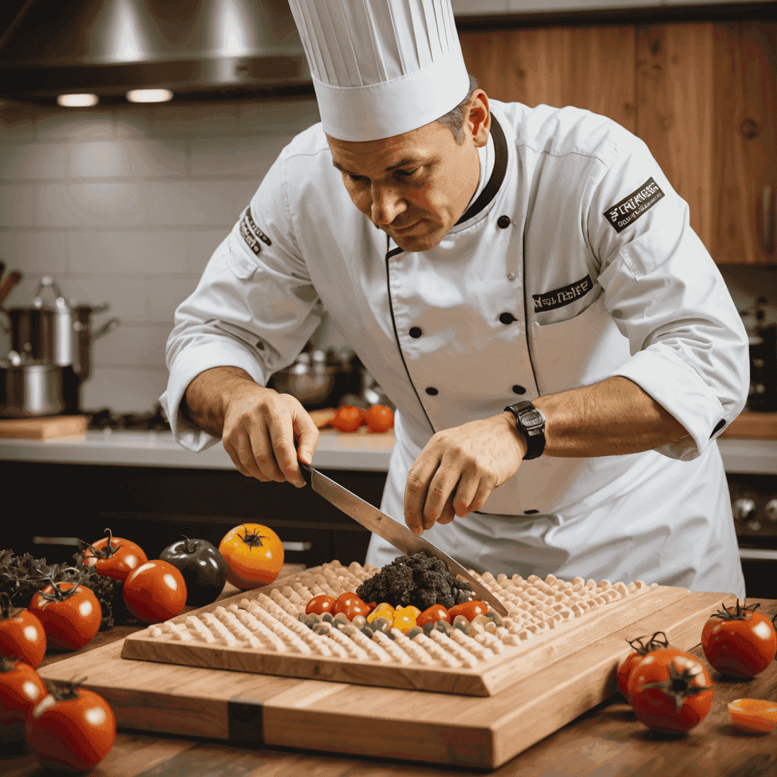 Chef demonstrating proper knife technique while preparing a plinko dish, with fresh ingredients surrounding the cutting board