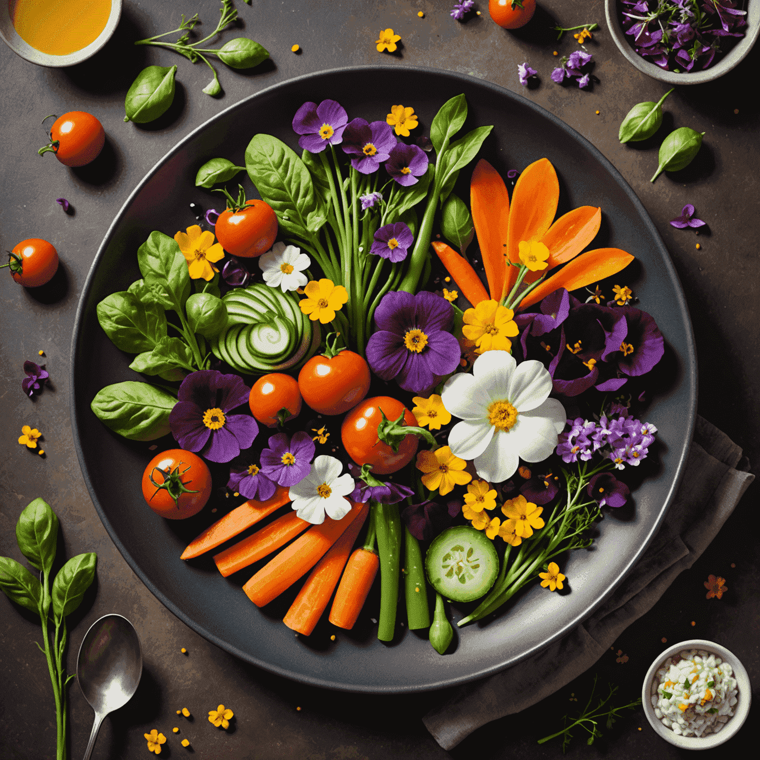 A beautifully plated seasonal dish featuring colorful local vegetables and a perfectly cooked protein, garnished with edible flowers