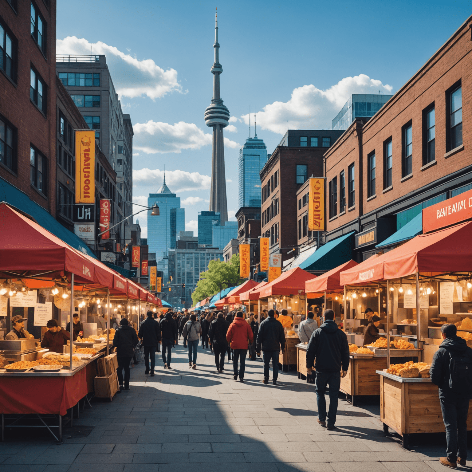 A vibrant street food market in Toronto, featuring diverse food stalls offering everything from gourmet poutine to international cuisines, with the CN Tower visible in the background