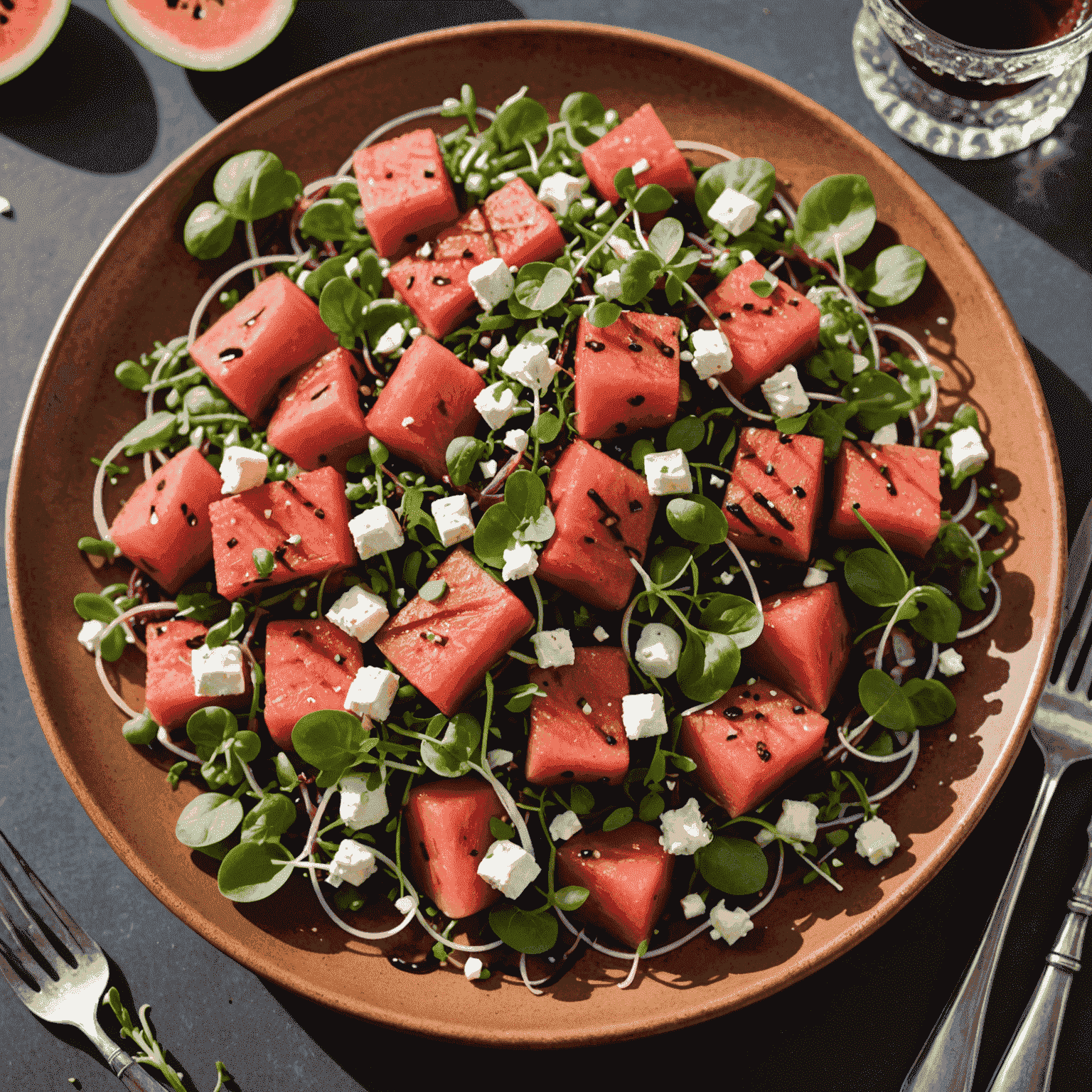 A vibrant plate of watermelon and feta salad with micro-greens, balsamic reduction, and a sprinkle of house-made spice blend, served on a sunny patio