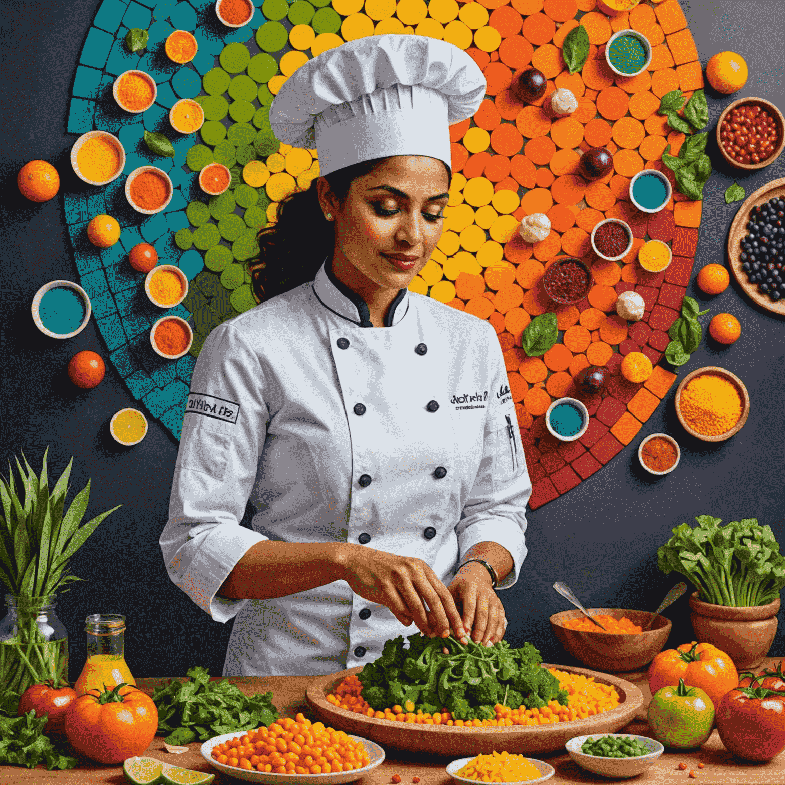 Chef de Partie Aisha Patel preparing vibrant, colorful ingredients for a plinko-inspired vegetarian dish