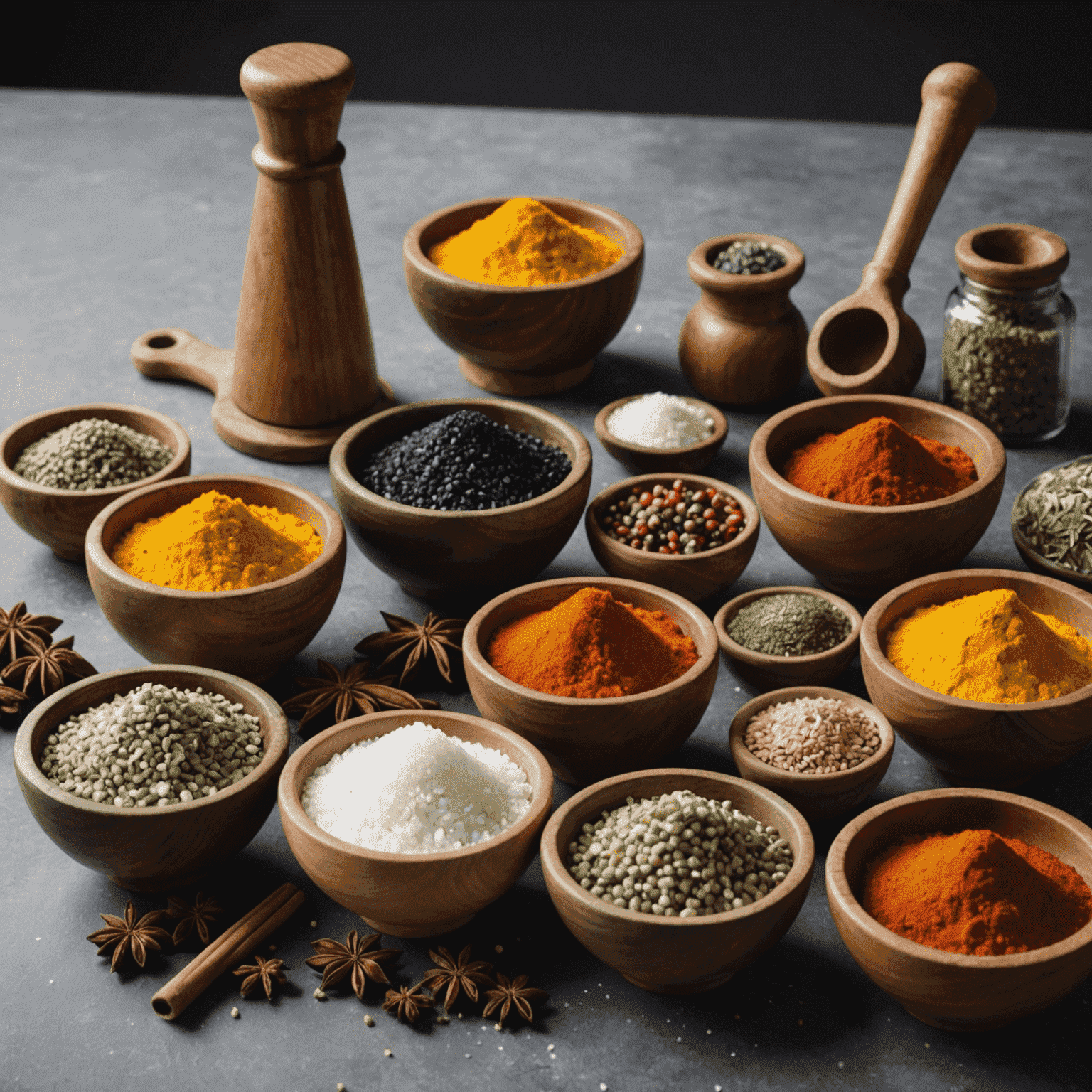 Various gourmet salts and spices in small bowls, with a mortar and pestle nearby, ready to season plinko dishes