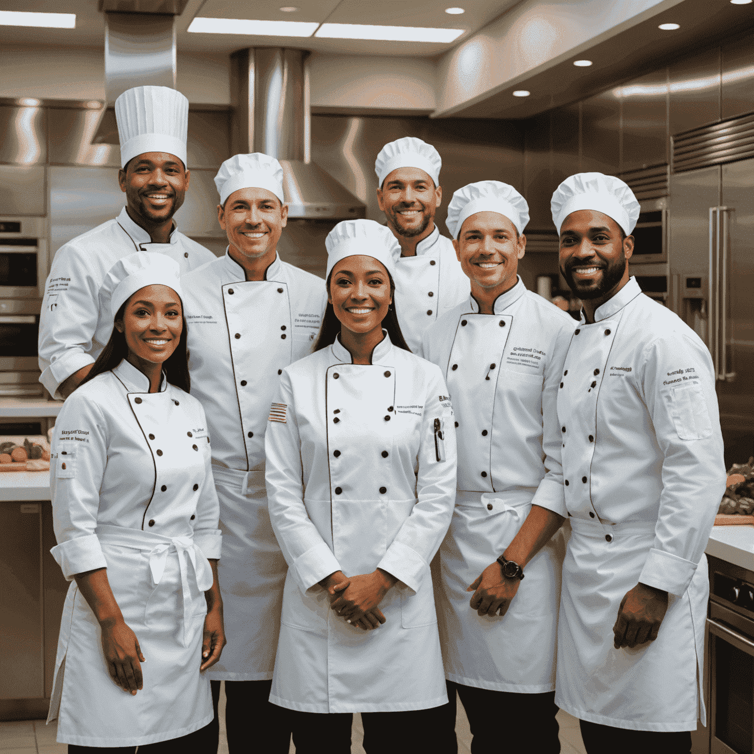 A group portrait of diverse chefs in white uniforms and toques, standing in a modern kitchen with gleaming stainless steel appliances