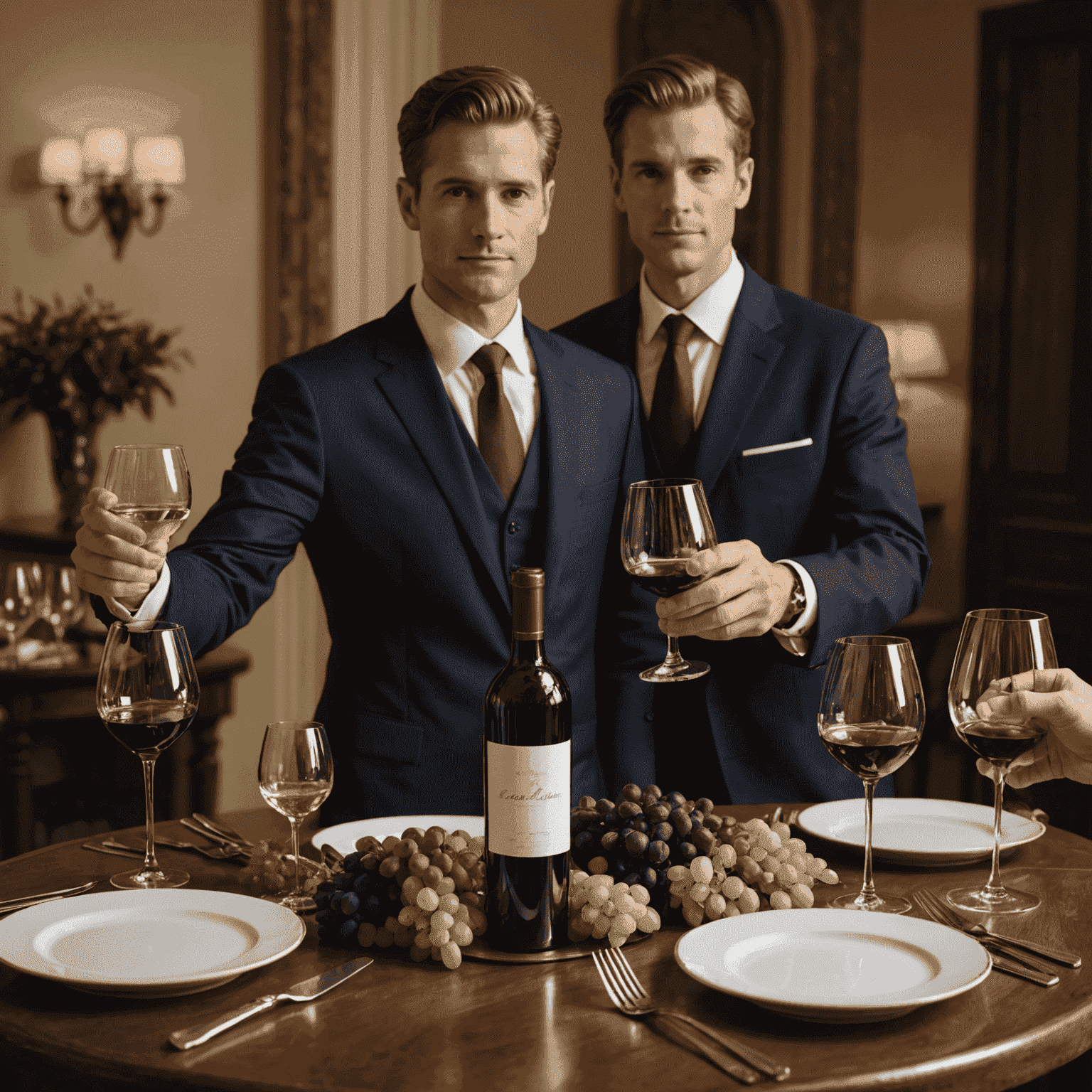 An elegant table setting with a variety of wine glasses and a sommelier presenting a bottle of wine