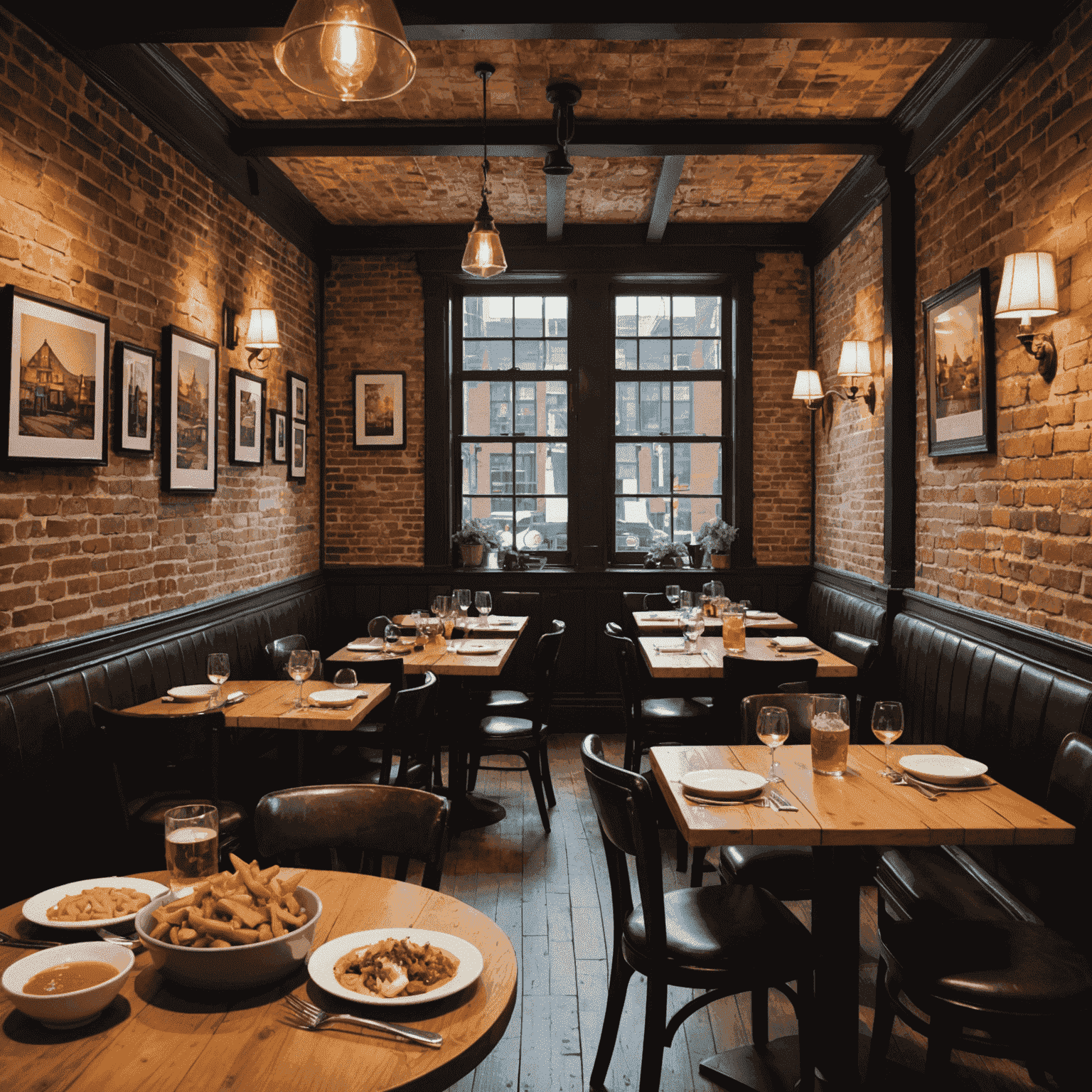 A cozy Quebecois restaurant interior with exposed brick walls, featuring a table set with classic dishes like poutine, tourtière, and maple syrup-infused desserts