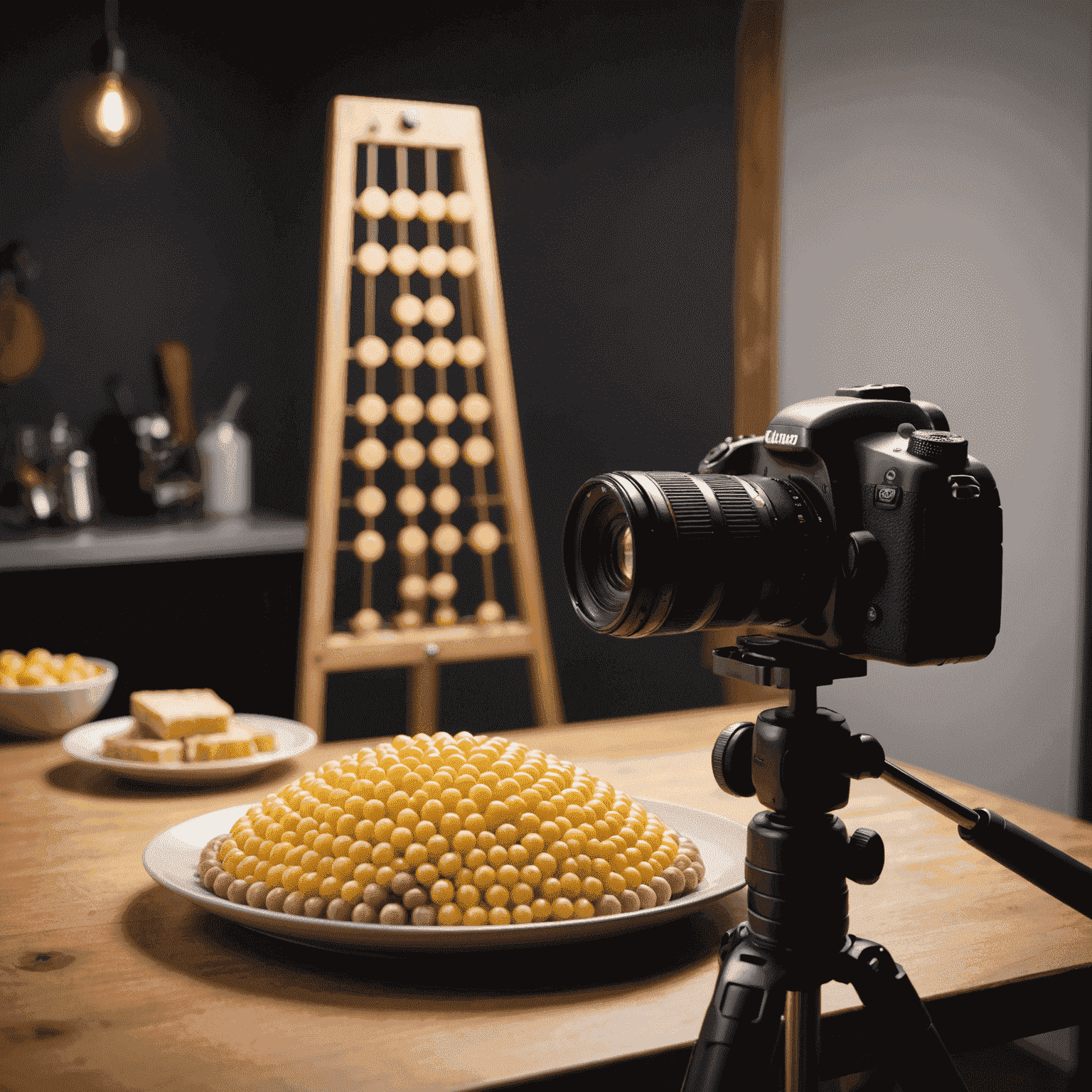 Behind-the-scenes setup of a food photography session, featuring a beautifully plated plinko dish, camera on a tripod, and soft lighting equipment