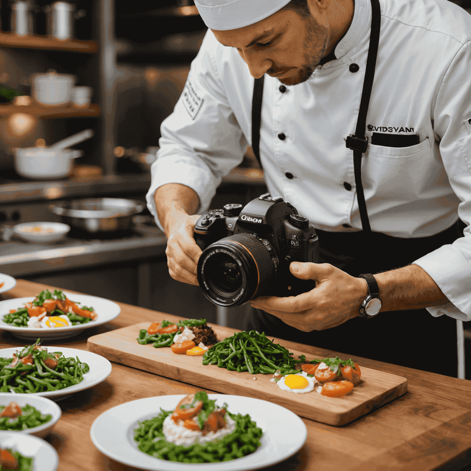 A chef demonstrating plating techniques with a beautifully arranged dish and professional camera setup