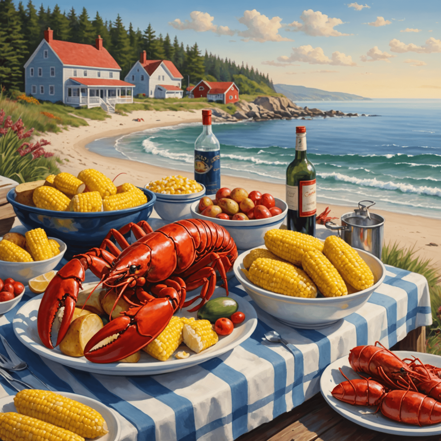 A picturesque coastal scene with a traditional lobster boil on the beach, featuring bright red lobsters, corn on the cob, and potatoes, with the Atlantic Ocean in the background