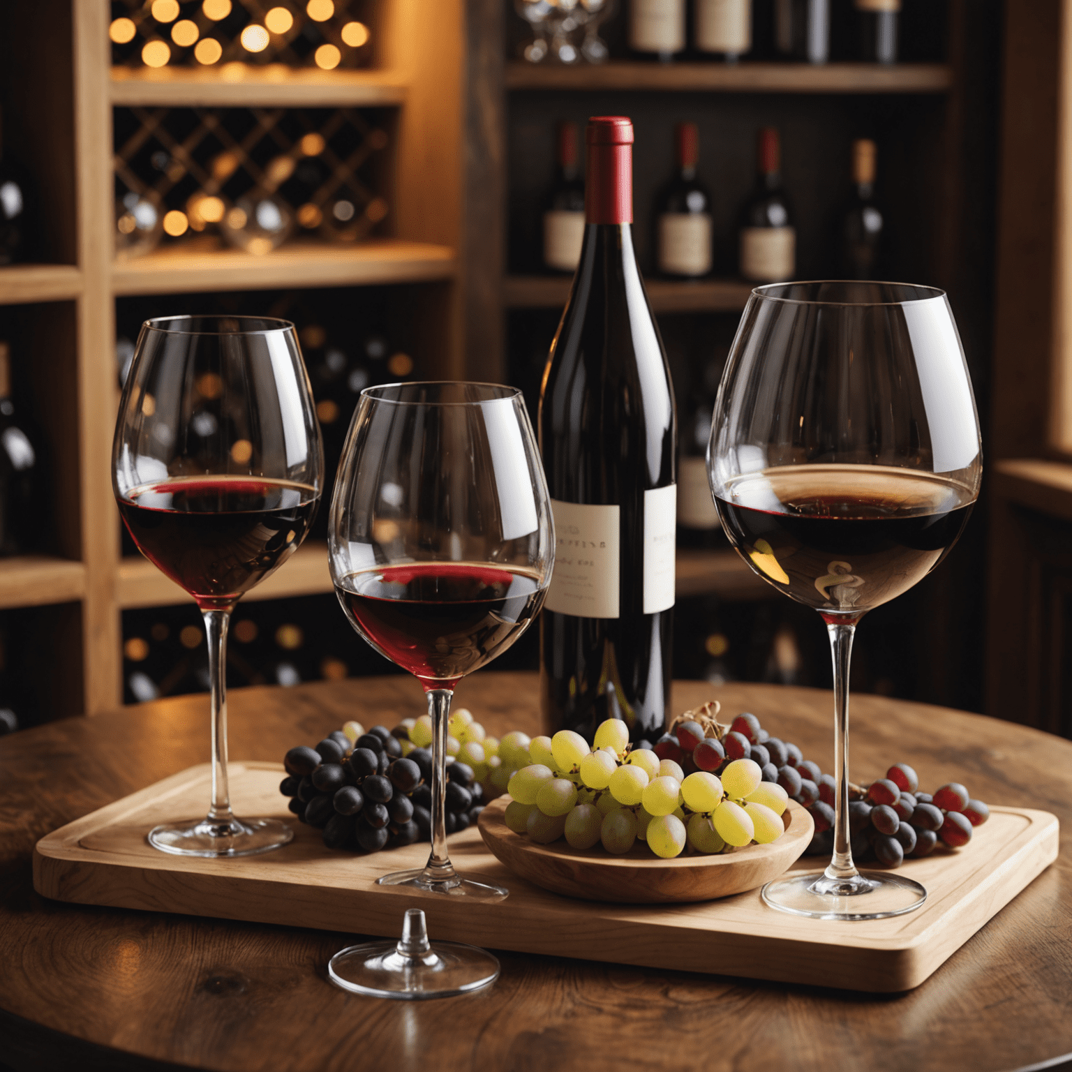 Elegant wine glasses filled with red and white wines, alongside a beautifully presented plinko dish on a wooden table